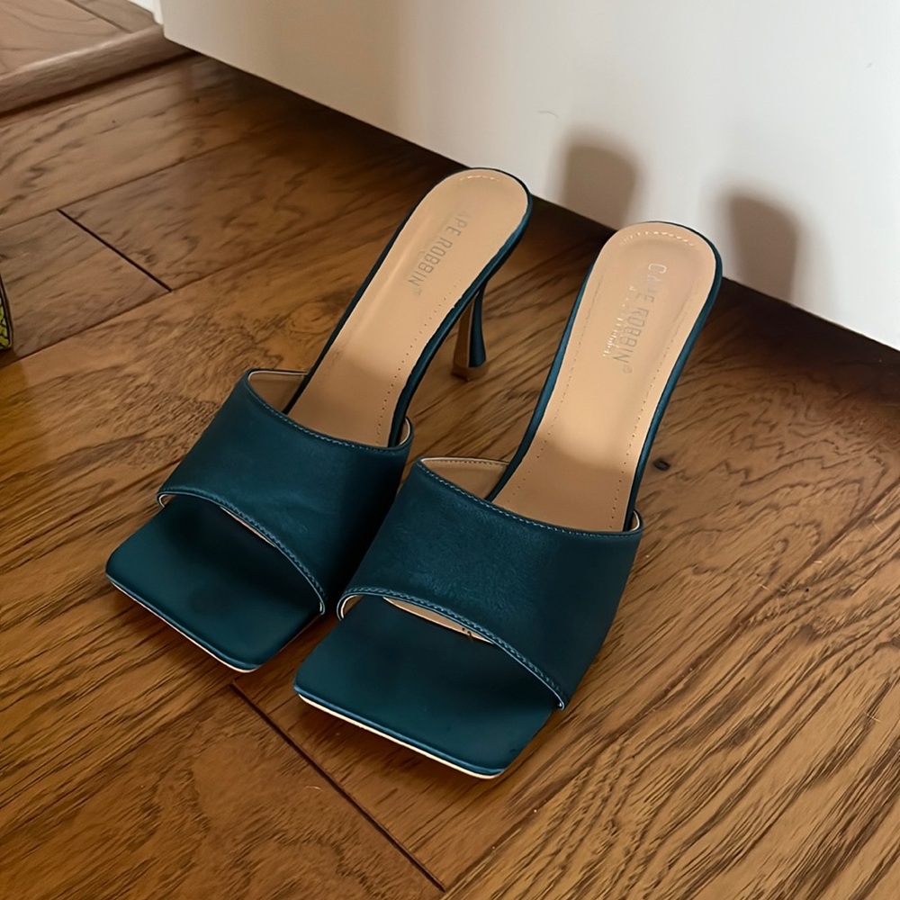 Blue satin mules